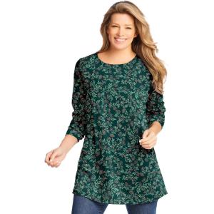 Woman Within Plus Size Perfect Printed Long-Sleeve Crewneck Tunic(Emerald Green Leaf Print)