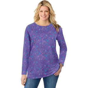 Woman Within Plus Size Perfect Printed Long-Sleeve Crewneck Tunic(Petal Purple Floral Paisley)