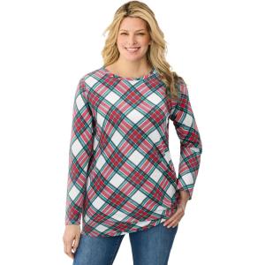Woman Within Plus Size Perfect Printed Long-Sleeve Crewneck Tunic(White Red Plaid)