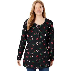 Woman Within Plus Size Perfect Printed Long-Sleeve Henley Tee(Black Mistletoe)