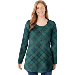 Woman Within Plus Size Perfect Printed Long-Sleeve Henley Tee(Emerald Green Plaid)