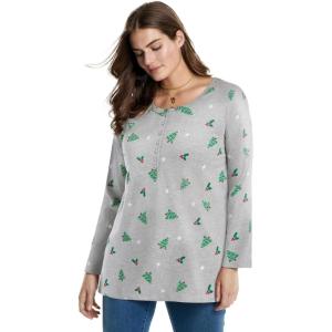 Woman Within Plus Size Perfect Printed Long-Sleeve Henley Tee(Heather Grey Holiday)