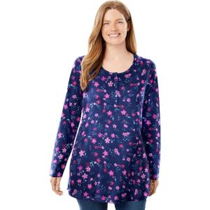 Woman Within Plus Size Perfect Printed Long-Sleeve Henley Tee(Navy Pretty Floral)