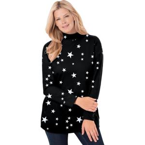 Woman Within Plus Size Perfect Printed Long-Sleeve Mockneck Tee(Black White Stars)