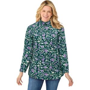 Woman Within Plus Size Perfect Printed Long-Sleeve Mockneck Tee(Emerald Green Field Floral)