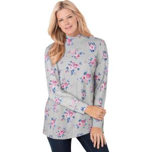 Woman Within Plus Size Perfect Printed Long-Sleeve Mockneck Tee(Heather Grey Ditsy Bouquet)