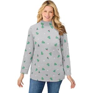 Woman Within Plus Size Perfect Printed Long-Sleeve Mockneck Tee(Heather Grey Holiday)