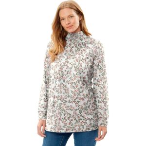 Woman Within Plus Size Perfect Printed Long-Sleeve Mockneck Tee(Ivory Leaf Print)