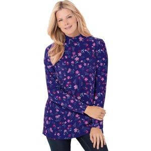 Woman Within Plus Size Perfect Printed Long-Sleeve Mockneck Tee(Navy Pretty Floral)