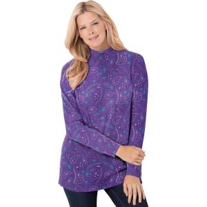 Woman Within Plus Size Perfect Printed Long-Sleeve Mockneck Tee(Petal Purple Floral Paisley)