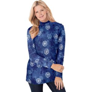 Woman Within Plus Size Perfect Printed Long-Sleeve Mockneck Tee(Royal Navy Textured Snowflake)