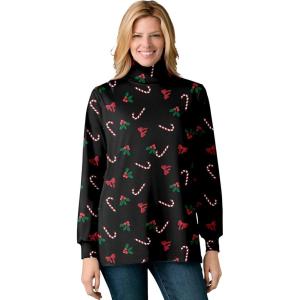 Woman Within Plus Size Perfect Printed Long-Sleeve Turtleneck Tee(Black Mistletoe)