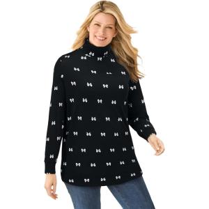 Woman Within Plus Size Perfect Printed Long-Sleeve Turtleneck Tee(Black Sweet Bows)