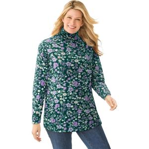 Woman Within Plus Size Perfect Printed Long-Sleeve Turtleneck Tee(Emerald Green Field Floral)