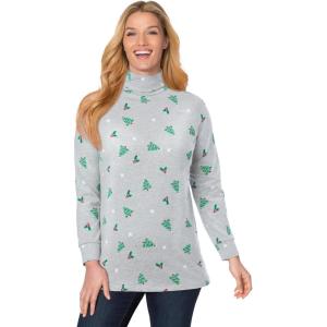 Woman Within Plus Size Perfect Printed Long-Sleeve Turtleneck Tee(Heather Grey Holiday)