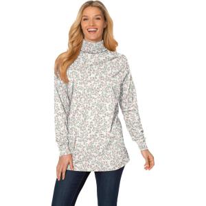 Woman Within Plus Size Perfect Printed Long-Sleeve Turtleneck Tee(Ivory Leaf Print)
