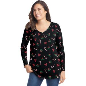 Woman Within Plus Size Perfect Printed Long-Sleeve V-Neck Tee(Black Mistletoe)