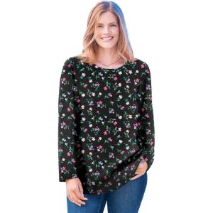 Woman Within Plus Size Perfect Printed Long-Sleeve V-Neck Tee(Black Multi Tulip Flowers)