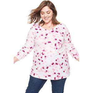 Woman Within Plus Size Perfect Printed Long-Sleeve V-Neck Tee(Bright Berry Confetti Heart)