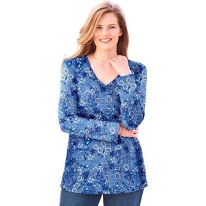 Woman Within Plus Size Perfect Printed Long-Sleeve V-Neck Tee(Bright Cobalt Patchwork)