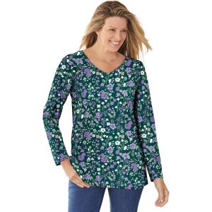 Woman Within Plus Size Perfect Printed Long-Sleeve V-Neck Tee(Emerald Green Field Floral)