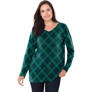 Woman Within Plus Size Perfect Printed Long-Sleeve V-Neck Tee(Emerald Green Plaid)