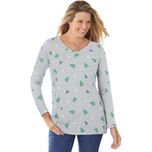 Woman Within Plus Size Perfect Printed Long-Sleeve V-Neck Tee(Heather Grey Holiday)