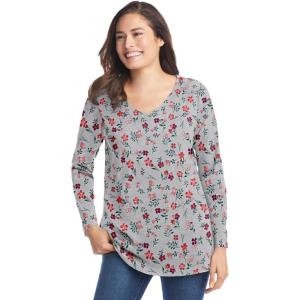 Woman Within Plus Size Perfect Printed Long-Sleeve V-Neck Tee(Heather Grey Red Pretty Floral)
