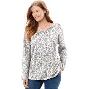 Woman Within Plus Size Perfect Printed Long-Sleeve V-Neck Tee(Ivory Leaf Print)