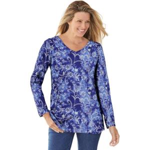 Woman Within Plus Size Perfect Printed Long-Sleeve V-Neck Tee(Navy Floral Tie Dye)