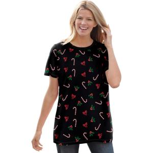 Woman Within Plus Size Perfect Printed Short-Sleeve Crewneck Tee(Black Mistletoe)