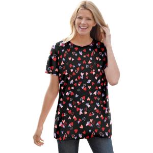 Woman Within Plus Size Perfect Printed Short-Sleeve Crewneck Tee(Black Tossed Hearts)