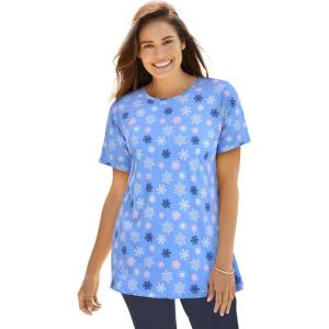 Woman Within Plus Size Perfect Printed Short-Sleeve Crewneck Tee(Blue Festive Snowflakes)