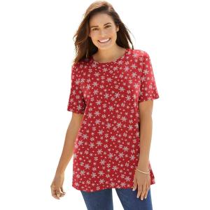 Woman Within Plus Size Perfect Printed Short-Sleeve Crewneck Tee(Classic Red Snowflakes)