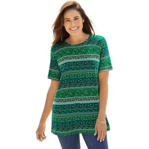 Woman Within Plus Size Perfect Printed Short-Sleeve Crewneck Tee(Emerald Green Patchwork Stripe)