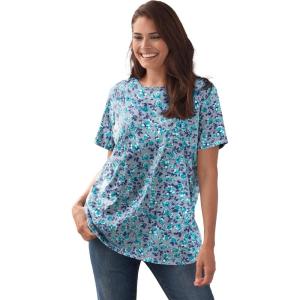 Woman Within Plus Size Perfect Printed Short-Sleeve Crewneck Tee(Heather Grey Azure Blossom Vine)