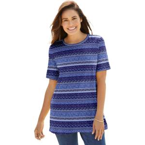 Woman Within Plus Size Perfect Printed Short-Sleeve Crewneck Tee(Navy Patchwork Stripe)