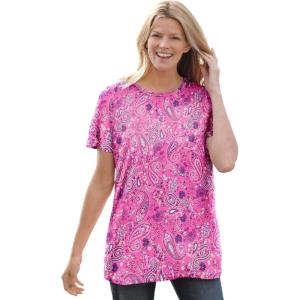 Woman Within Plus Size Perfect Printed Short-Sleeve Crewneck Tee(Peony Petal Paisley)