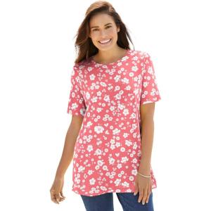 Woman Within Plus Size Perfect Printed Short-Sleeve Crewneck Tee(Sweet Coral Butterfly Ditsy)