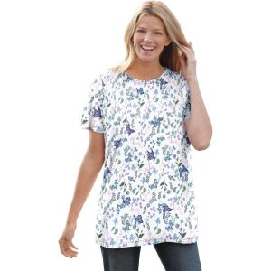Woman Within Plus Size Perfect Printed Short-Sleeve Crewneck Tee(White Butterflies)
