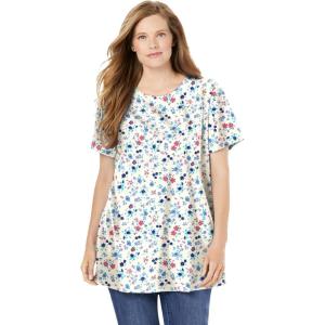 Woman Within Plus Size Perfect Printed Short-Sleeve Crewneck Tee(White Lovely Ditsy)