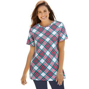 Woman Within Plus Size Perfect Printed Short-Sleeve Crewneck Tee(White Red Plaid)