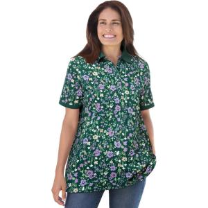 Woman Within Plus Size Perfect Printed Short-Sleeve Polo Shirt(Emerald Green Field Floral)