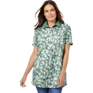 Woman Within Plus Size Perfect Printed Short-Sleeve Polo Shirt(Sage Blossom Vine)