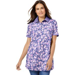 Woman Within Plus Size Perfect Printed Short-Sleeve Polo Shirt(Soft Iris Blossom Vine)