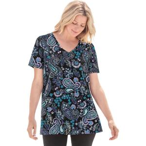 Woman Within Plus Size Perfect Printed Short-Sleeve V-Neck Tee(Black Paisley)