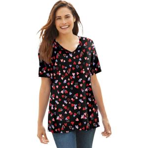 Woman Within Plus Size Perfect Printed Short-Sleeve V-Neck Tee(Black Tossed Hearts)