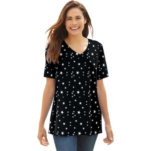 Woman Within Plus Size Perfect Printed Short-Sleeve V-Neck Tee(Black White Stars)