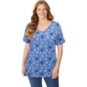 Woman Within Plus Size Perfect Printed Short-Sleeve V-Neck Tee(Blue Festive Snowflakes)