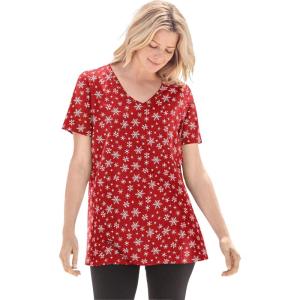 Woman Within Plus Size Perfect Printed Short-Sleeve V-Neck Tee(Classic Red Snowflakes)
